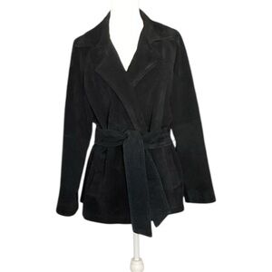 Vintage Black Leather Suede Jacket Trench Coat Belted Classic